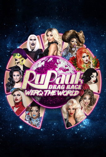The poster features a vibrant, starry space background with a central pink globe. Surrounding the globe are eight characters in colorful outfits, each with distinct expressions and hairstyles. The title "Pudal Drag Queen Who's the World" is prominently displayed in bold, stylized text. The overal...