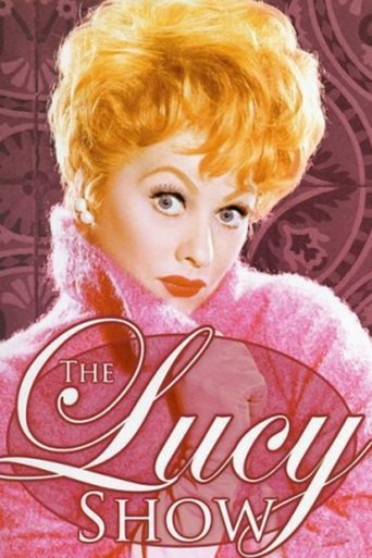 The Lucy Show poster features a glamorous woman with bright blonde hair and a pink coat, exuding elegance against a soft purple background. The title is elegantly written in cursive, capturing the show's whimsical and lively spirit.