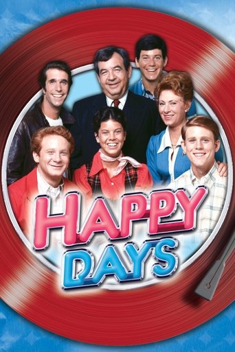 This vibrant poster features a group of seven smiling characters from the sitcom "Happy Days," set against a dynamic red and blue circular background. The cheerful expressions and bright colors evoke a nostalgic, lighthearted mood, capturing the essence of the beloved TV show.