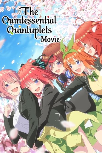 This vibrant poster showcases the quintessential quintuplets in their iconic school uniforms, exuding youthful energy and charm. The bright pink and green hues, along with the cheerful expressions and dynamic poses, create a lively and magical atmosphere. The title, "The Quintessential Quintuplet...