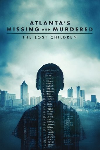 The poster features a silhouette of a person with their head and torso filled with text, set against a dark city skyline. The muted blue and gray tones evoke a somber, mysterious mood. The title suggests a tragic story about missing and murdered children in Atlanta.