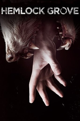 The poster features a hauntingly beautiful, dark forest scene with a pale, ethereal hand reaching toward the viewer. The title "Hemlock Grove" is prominently displayed in stark white text against the shadowy background, creating an eerie and mysterious atmosphere.