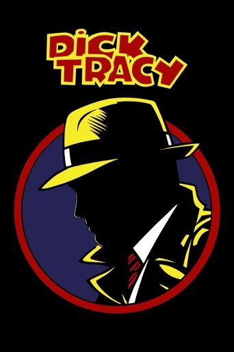 This movie poster features a silhouette of Dick Tracy in a yellow hat and suit, set against a red circle with a blue background. The bold, comic-style typography at the top adds to its retro charm, evoking a sense of adventure and classic detective style.