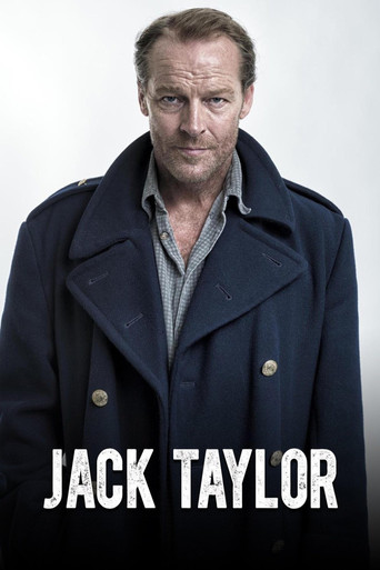 The poster features Jack Taylor in a dark coat against a plain background, conveying a serious and contemplative mood. The bold text "JACK TAYLOR" anchors the image, emphasizing his role as the central figure in the show.