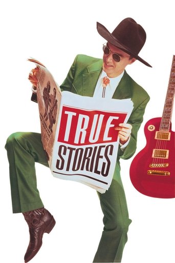 A man in a green suit and brown hat holds a newspaper titled "TRUE STORIES," while a red electric guitar stands beside him. The vibrant colors and confident pose evoke a nostalgic, storytelling mood.