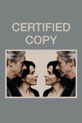 The poster features a split image of two characters kissing, set against a muted gray background. The title "CERTIFIED COPY" is prominently displayed in bold, uppercase letters. The overall mood is intimate yet slightly melancholic, suggesting a romantic drama.