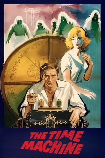 The Time Machine poster features a man in a white suit holding a telescope, with a woman in a blue dress standing beside him. The background includes green, alien-like figures and a large golden globe. The overall mood is mysterious and adventurous, with bold red text at the bottom.