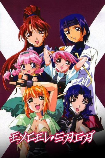 This anime poster features six characters from the "Excel Saga" TV show, set against a dramatic purple and white background. The vibrant colors and expressive character designs convey a lively and energetic mood, reflecting the show's action-packed nature.