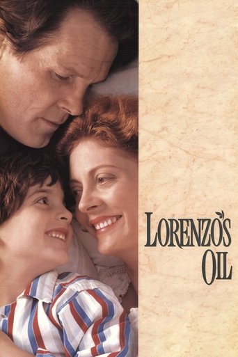The poster features a tender family portrait with a man, woman, and child sharing a warm embrace. The sepia-toned background and soft lighting evoke a nostalgic, heartwarming atmosphere. The title "LORENZO'S OIL" is elegantly placed in the lower right corner, suggesting a classic, timeless story.