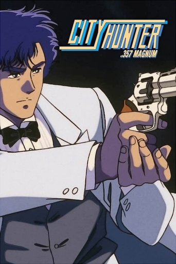 The poster features a determined man with blue hair in a white suit, holding a purple pistol. The bold title "City Hunter: .357 Magnum" dominates the top, evoking a gritty, action-packed atmosphere.