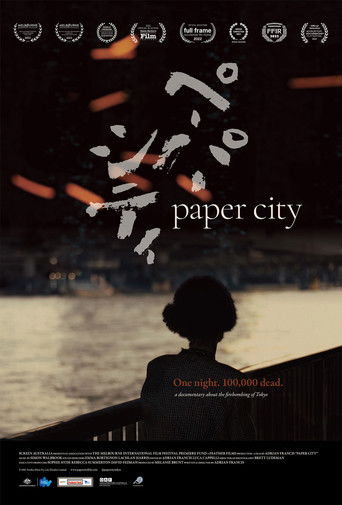 The poster features a silhouetted figure sitting on a dock, evoking a contemplative mood. The background is dark with warm orange streaks, suggesting a sunset or fire. The title "Paper City" is prominently displayed in white text, with smaller text below indicating the film's genre.