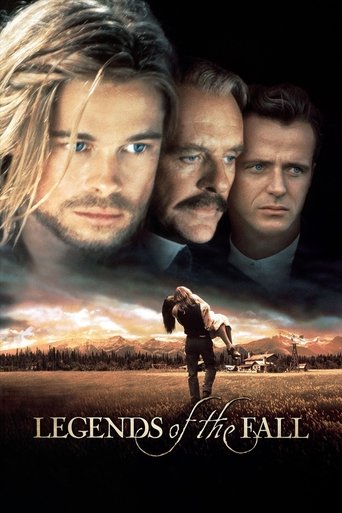 The poster features three men with intense, serious expressions against a dramatic sunset backdrop. A lone figure on horseback stands in the foreground, evoking a sense of epic adventure. The title "Legends of the Fall" is elegantly displayed at the bottom, suggesting themes of historical intrigu...