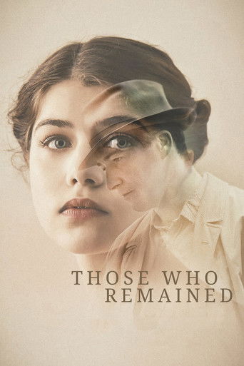 The poster features a woman with a somber expression, her face partially obscured by a weathered hat and torn fabric, evoking a sense of loss and resilience. The muted sepia tones and soft lighting enhance the melancholic mood, while the text "THOSE WHO REMAINED" in bold, capitalized letters rein...