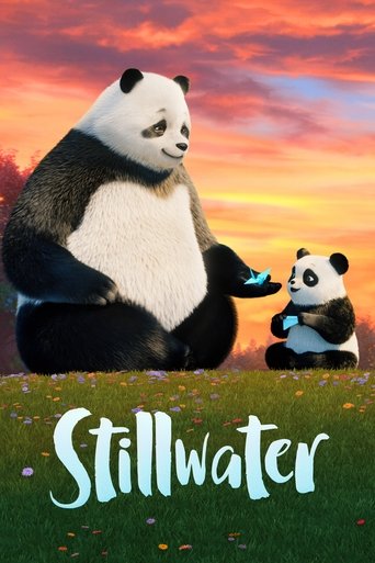 The poster features two pandas sitting on a grassy field at sunset, with warm orange and pink hues creating a serene and peaceful atmosphere. The title "Stillwater" is elegantly written in white cursive at the bottom.