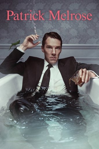 Patrick Melrose sits in a bathtub, holding a cigarette and a glass of water. The dark suit contrasts with the white tub and blue tones. The mood is mysterious and slightly eerie.