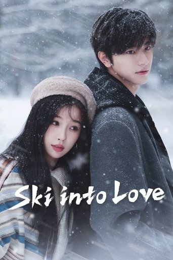 The poster features a couple standing back-to-back in a snowy landscape, with the title "Ski into Love" prominently displayed. The warm tones of their clothing contrast with the cool, wintry background, creating a romantic and cozy atmosphere.