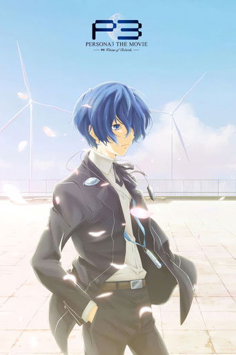The poster features a striking anime-style character with vibrant blue hair and a confident pose, exuding mystery and allure. The background showcases a serene winter scene with wind turbines and a clear sky, hinting at the film's themes of rebirth and renewal. The overall composition blends fant...