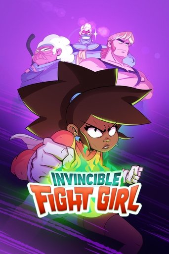 The poster features a determined girl in a pirate hat, surrounded by colorful, animated characters. The vibrant purple background with glowing effects creates an energetic and adventurous mood. The title "Invincible Fight Girl" is prominently displayed, emphasizing the show's theme of strength an...