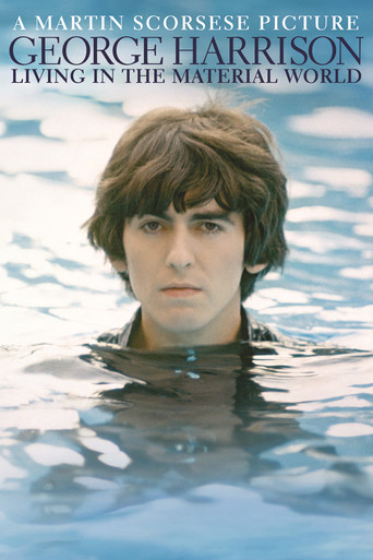 The poster features George Harrison's face partially submerged in water, evoking a serene yet melancholic mood. The title "Living in the Material World" is prominently displayed in elegant script, suggesting a philosophical exploration of human existence.