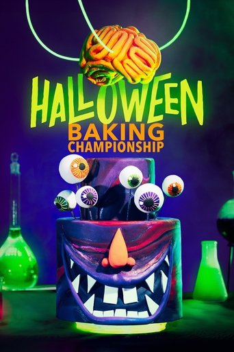 The poster features a spooky Halloween theme with a colorful, spooky cake decorated with googly eyes and a menacing grin. The vibrant green neon text "Halloween Baking Championship" stands out against a dark background. A spooky bottle and a green beaker add to the eerie atmosphere, while a glowi...