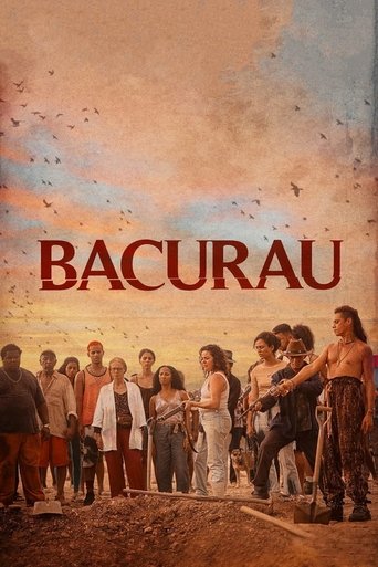 The poster features a group of people standing on a dusty, rocky landscape under a warm, sunset sky. The title "BACURAU" is prominently displayed in bold red letters. The mood is somber and reflective, suggesting themes of survival or historical significance.