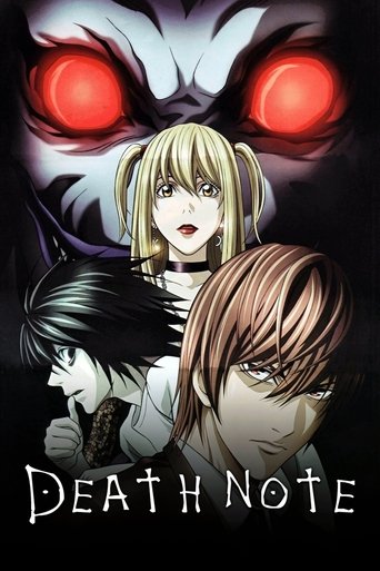 The poster features a dramatic scene with three characters—two women and a man—against a dark, ominous background. Two women with red eyes loom above, while the man in the foreground looks intense. The title "Death Note" is prominently displayed at the bottom. The overall mood is mysterious and s...
