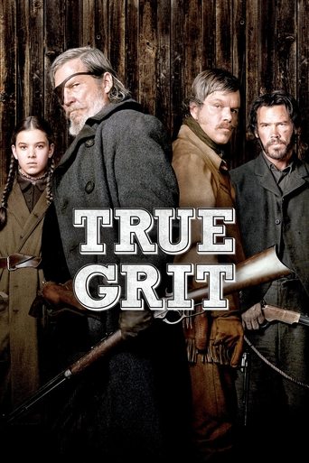 The poster features four rugged men in dark, earthy tones against a textured wooden backdrop. Their expressions convey determination and resilience, with the title "TRUE GRIT" prominently displayed in bold, white lettering. The overall mood is gritty and adventurous, capturing the spirit of front...