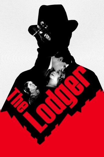 The poster features a silhouette of a man in a hat and mask, with a man's face peeking out behind him. The background is split between a stark white and a bold red, creating a dramatic contrast. The title "The Lodger" is prominently displayed in large red letters, evoking a sense of mystery and i...