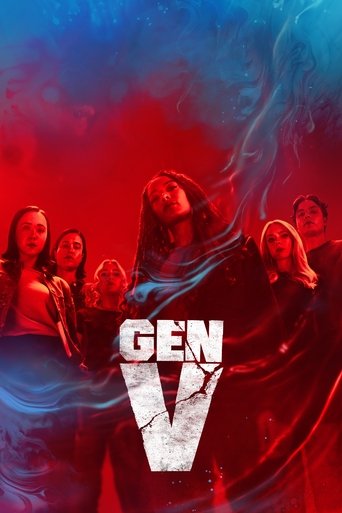 The poster features a dramatic scene with six characters in a tense, atmospheric setting. The deep red and blue color scheme creates a sense of mystery and urgency, while the cracked white "V" symbolizes the show's title. The mood is suspenseful and intense, suggesting a thrilling narrative.