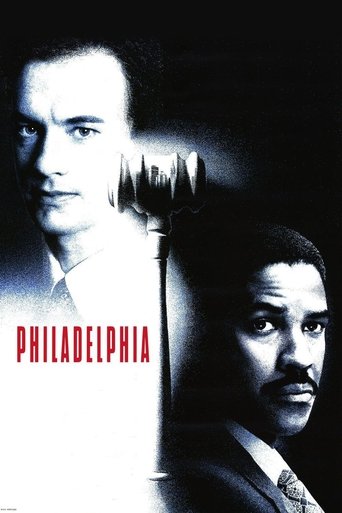 The poster features a dark, moody atmosphere with two men in formal attire, one in the foreground and another in the background. The title "PHILADELPHIA" is prominently displayed in bold red letters, evoking a sense of mystery and intrigue. The overall composition suggests a dramatic and suspense...