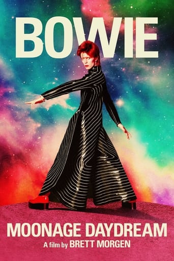 The poster features a striking figure in a shimmering black gown against a vibrant cosmic backdrop of swirling nebulae in hues of pink, purple, and teal. The bold white title "BOWIE" dominates the top, while the tagline "MOONAGE DAYDREAM" and credit to "A FILM BY BRETT MORGEN" sit at the bottom. ...