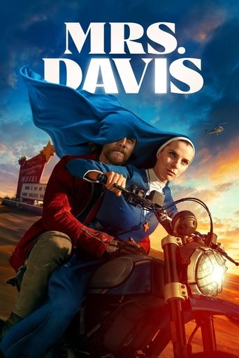 The poster features a man and woman riding motorcycles against a dramatic sunset backdrop. The woman wears a blue dress while the man sports a red coat, both exuding a sense of adventure and camaraderie. The title "Mrs. Davis" is prominently displayed in bold white letters, capturing the essence ...