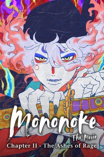 The poster features a striking anime-style character with white hair, blue eyes, and a red nose, surrounded by swirling flames. The character wears a white outfit with gold accents, exuding an ethereal yet fierce aura. The vibrant colors of orange, red, and purple create a dynamic and intense atm...