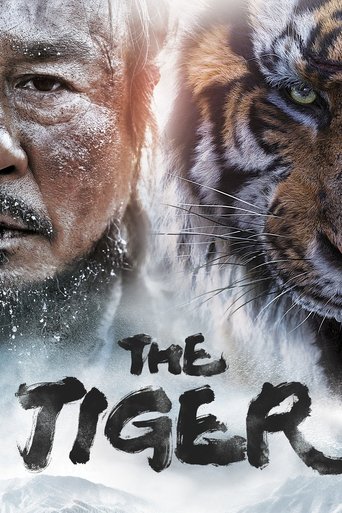 The poster features a close-up of an elderly man with a weathered face and a fierce tiger's eye, both set against a snowy backdrop. The bold, distressed typography "THE TIGER" dominates the lower section, evoking a sense of raw power and survival. The overall mood is intense and dramatic, capturi...