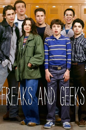 The poster features a diverse group of young adults standing in front of wooden lockers, exuding a mix of curiosity and mischief. The vibrant colors of their clothing contrast with the muted tones of the background, creating a lively atmosphere. The title "Freaks and Geeks" is prominently display...