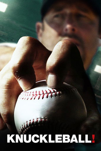 The poster features a close-up of a baseball player holding a knuckleball, with a blurred background suggesting a stadium setting. The dark, moody lighting and gritty textures evoke a sense of intensity and realism. The bold, white text "KNUCKLEBALL!" stands out against the dark backdrop, emphasi...