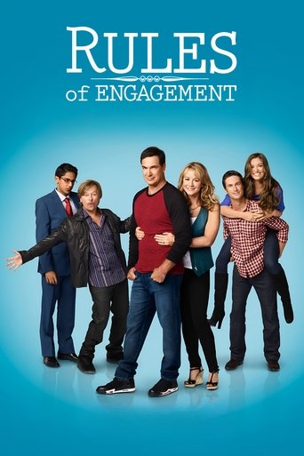 The poster features six characters in casual attire against a vibrant blue background, exuding a relaxed and friendly mood. The title "Rules of Engagement" is prominently displayed at the top, suggesting a comedic or lighthearted tone.