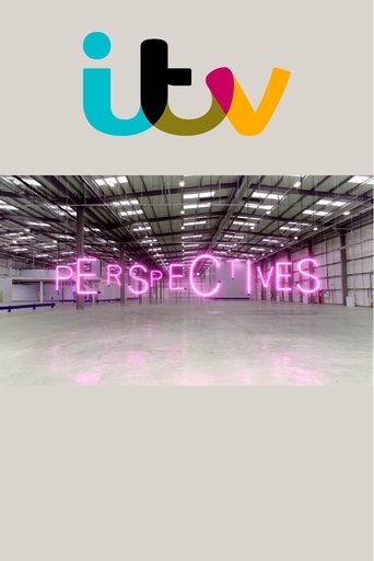 The poster features a large, colorful "ITV" logo at the top, followed by a vast, empty warehouse space with a glowing pink neon sign reading "PERSPECTIVES." The minimalist design evokes a sense of introspection and artistic freedom, suggesting an exploration of human experiences through a neutral...