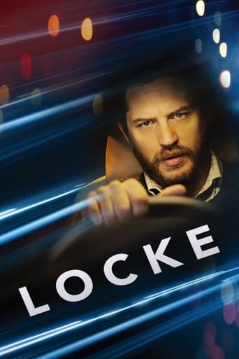 The poster features a rugged man with a beard gripping a steering wheel, exuding intensity. The dark background is illuminated by streaks of blue light, creating a moody atmosphere. The title "LOCKE" is prominently displayed in bold white letters, emphasizing the film's title.