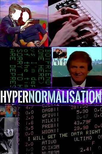 This movie poster for "HyperNormalisation" features a surreal collage of people in various settings, including a man playing a piano and a woman embracing. The colors are vibrant yet somewhat chaotic, with neon green text and a mix of warm and cool tones. The mood is mysterious and intriguing, hi...