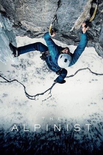 The poster features a climber in a blue jacket and helmet scaling a rugged, textured rock face, evoking an adventurous and challenging atmosphere. The cool, monochromatic tones of the image, combined with the bold white text, create a visually striking and dynamic composition that captures the es...