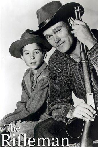 This black-and-white poster features a rugged cowboy man and young boy in period clothing, holding a rifle. The sepia-toned image evokes a nostalgic, gritty atmosphere, capturing the essence of the classic TV show's western genre.