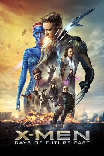 This poster features a dramatic scene with X-Men characters in dynamic poses against a fiery, sunset sky. The colors are intense, with warm oranges and deep reds contrasting against the cool blues of the night sky. The mood is action-packed and heroic, capturing the essence of the X-Men universe.