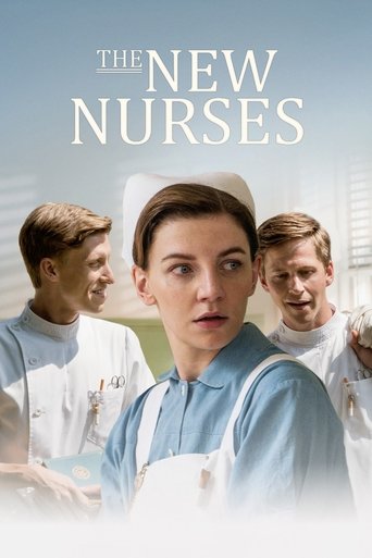 The poster features three nurses in light blue uniforms against a soft, pastel background. The central nurse looks concerned, while the others appear supportive. The muted tones and gentle expressions convey a sense of camaraderie and professionalism.
