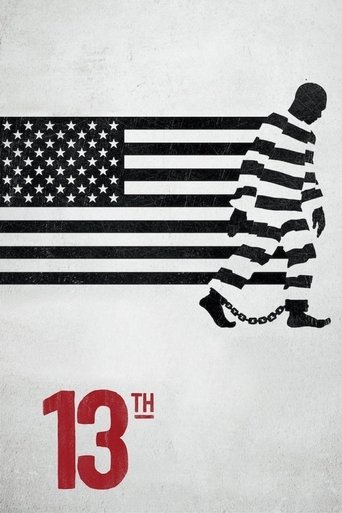 The poster features a silhouette of a person in a striped prison uniform against the backdrop of the American flag. The red "13TH" text stands out prominently, conveying a sense of mystery and intrigue. The muted tones and stark contrast evoke a somber, suspenseful mood, hinting at themes of free...
