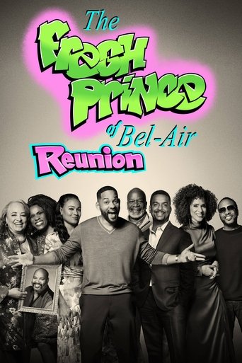 The poster features a group of smiling characters in black-and-white, with vibrant pink and blue accents on the title. The mood is cheerful and nostalgic, capturing the essence of the original show.