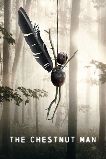 The Chestnut Man poster depicts a mysterious, large insect with a black and white segmented body hanging from a tree in a misty forest. The muted earth tones and soft lighting create an eerie, suspenseful mood, hinting at a horror story about a creature with human-like features.