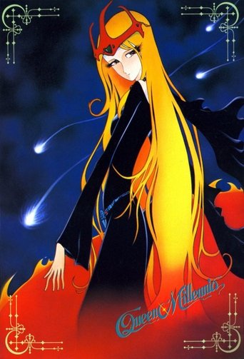This poster features a striking anime-style character with long golden hair and a red headband, exuding an aura of power and mystery. The vibrant red and black color scheme creates a dramatic and intense atmosphere, while the glowing effects suggest magic or supernatural abilities. The title "Que...