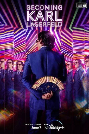 The poster features a man in a blue suit holding a fan, standing before a group of people in matching outfits. Vibrant purple and pink hues create a dynamic, energetic atmosphere. The title "Becoming Karl Lagerfeld" is prominently displayed at the top. The Disney+ logo is visible at the bottom, i...