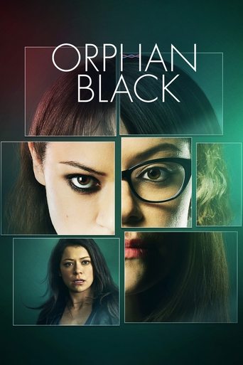 The poster features a collage of six women with intense, dramatic expressions, set against a dark, moody background. The color palette is dominated by deep greens and blacks, creating an eerie and suspenseful atmosphere. The title "ORPHAN BLACK" is prominently displayed in bold, white letters, em...